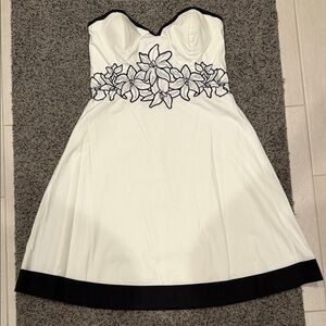 White House Black Market White Strapless Dress with Black Floral Embroidery
